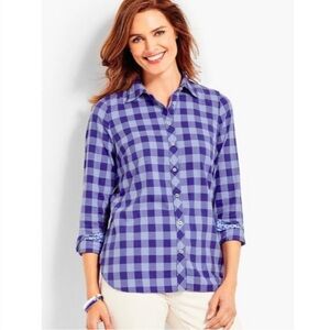 Talbots Womens Button Down Shirt L Purple Plaid Check Cotton Tunic Spring Casual